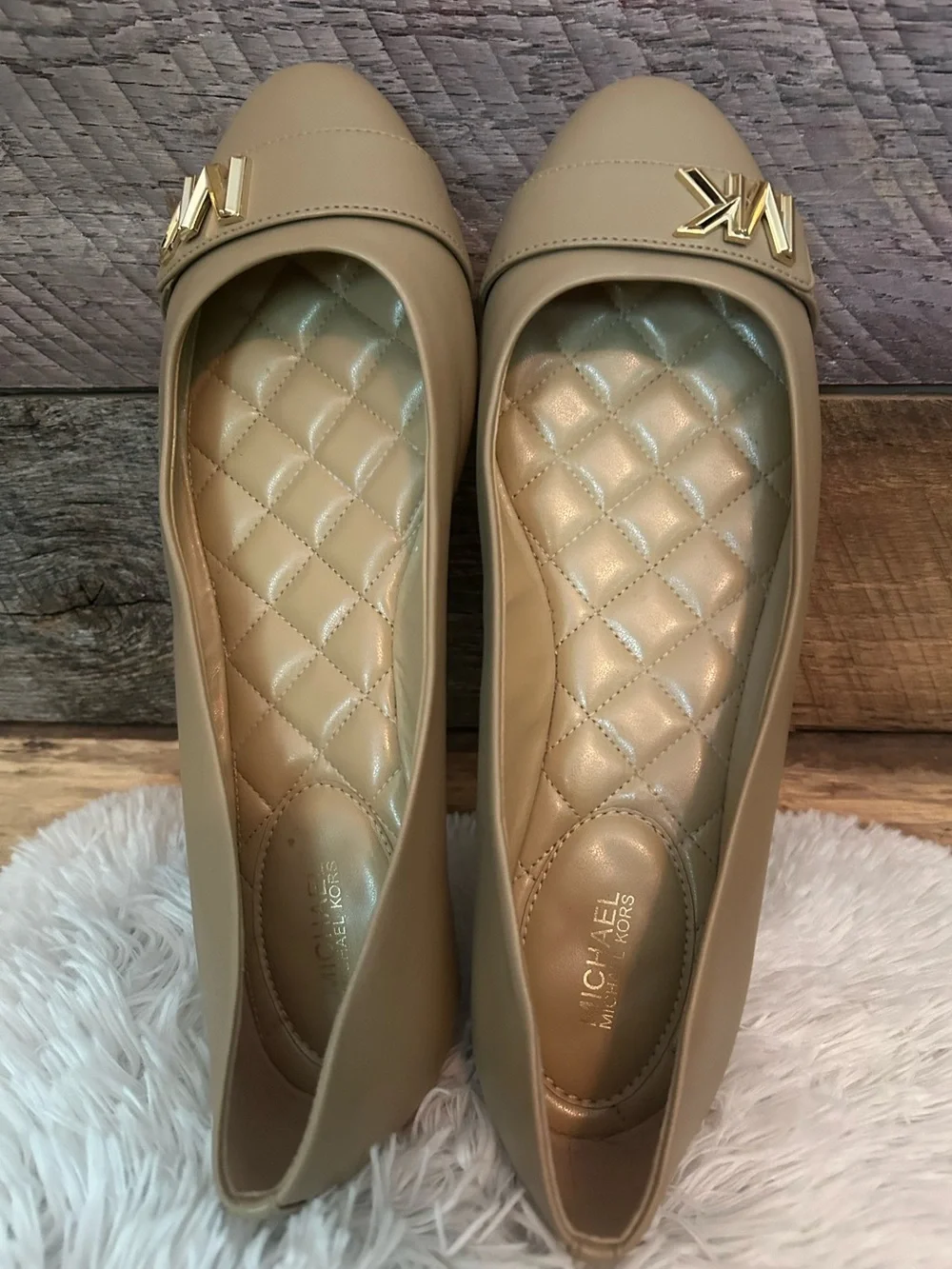Michael Kors Tan Quilted Insole Ballet Flats with Gold MK Accent